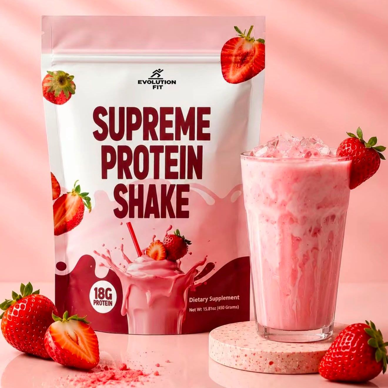 Evolution Fit strawberry protein package, shown only as product category evidence.